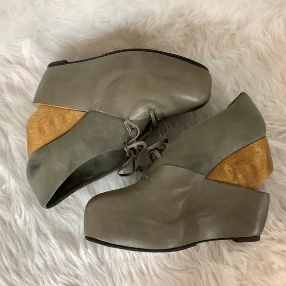Allsaints Gray Graphite Bura Platform Oxford Wooden Wedge Heels EU 38 - Picture 7 of 9